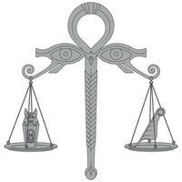 The Egyptian Scales of the Judgement of Osiris, a crucial weighing of the heart against Ma'at's feather, determining the soul's eternal fate vector