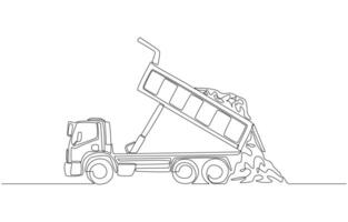 Continuous one line drawing of dump truck dumping soil or sand at construction site, construction work concept, single line art vector