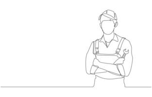 Continuous one line drawing of car mechanic crossing arms and holding wrench, car service center concept, single line art vector