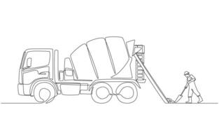 Continuous one line drawing of cement mixer truck pouring concrete, cement business for construction concept, single line art vector