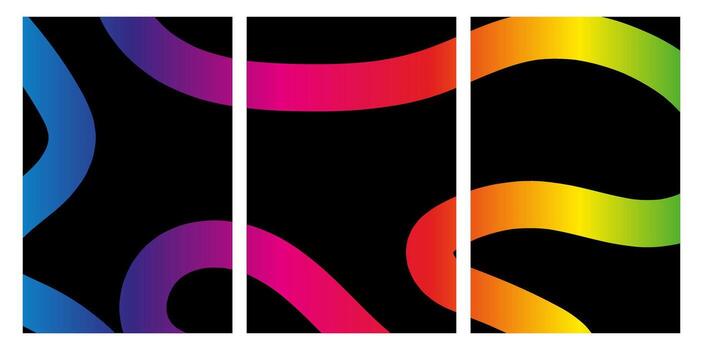 Abstract triptych with curved gradient lines on black background vector