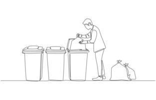 Continuous one line drawing of man separating trash into bags and putting them into different types of bins., waste sorting concept, single line art vector