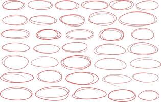 Set of red ellipse shapes on a isolated background, hand drawn. For Highlight the topic or something important. Empty elements for marking. illustration. vector