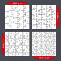 Jigsaw puzzle templates set, four different sizes, 4x4, 5z5, 7x7 and 10x10 vector