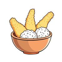 Vsai crunchy chicken strips with sesame seeds served with rice in a bowl vector