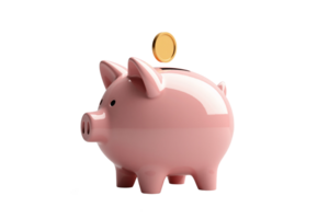 Pink Piggy Bank with Gold Coin Insert on Transparent Background for Savings and Budgeting Concepts in Financial Education png