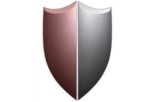 Dual-Colored Metallic Shield with Rose Gold and Silver Gradient Panels and Three-Dimensional Curved Design on Transparent Background png
