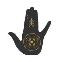 Silhouette of a hand with a sacred all seeing eye symbol. Mystical celestial boho concept vector