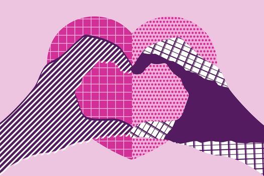 Creative collage background with hands showing heart gesture and heart with geometric pattern. Love modern concept vector