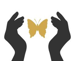Silhouette of cupped human hands and butterfly. Butterfly and hands isolated on white background vector