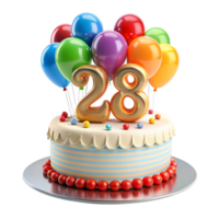 cartoon style birthday cake with balloon and written number twenty eight on the cake is isolated on transparent background png