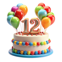 cartoon style birthday cake with balloon and written number twelve on the cake is isolated on transparent background png