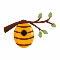 Beehive with bees is hanging on tree branch. Cartoon illustration on theme of beekeeping vector