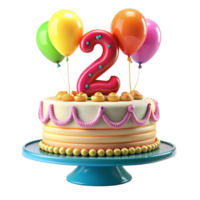cartoon style birthday cake with balloon and number two on the cake is isolated on transparent background png