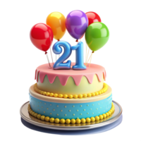 cartoon style birthday cake with balloon and written number twenty one on the cake is isolated on transparent background png
