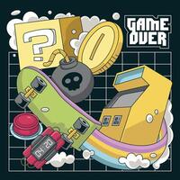Retro Game Poster Design Illustration with Arcade and Skateboard vector