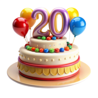 cartoon style birthday cake with balloon and written number twenty on the cake is isolated on transparent background png