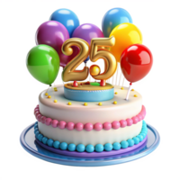 cartoon style birthday cake with balloon and written number twenty five on the cake is isolated on transparent background png