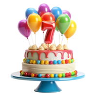 cartoon style birthday cake with balloon and written number seven on the cake is isolated on transparent background png