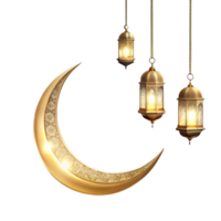 golden 3d crescent moon and lanterns is isolated on transparent background png