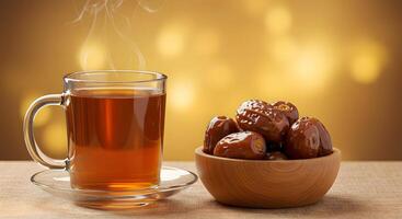 Glass of Tea and Dates on Wooden Table, Ramadan Iftar Concept photo