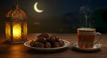 Dates and Tea with Lantern at Night, Ramadan Iftar Setup with Crescent Moon photo