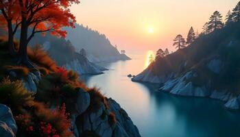 Scenic Autumn Valley with River and Mountains at Sunrise. Beautiful landscape showcasing an autumn valley with vibrant trees, a tranquil river, and picturesque mountains illuminated by the warm sunrise, exuding serenity and the beauty of nature. photo