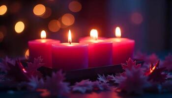 Glowing Red Candle Arrangement Amid Autumn Maple Leaves and Warm Bokeh Lights photo