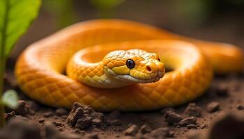 Close-up of a vibrant snake coiled on the ground. A striking snake with glossy scales coiled on earthy ground, surrounded by small rocks and green leaves. photo