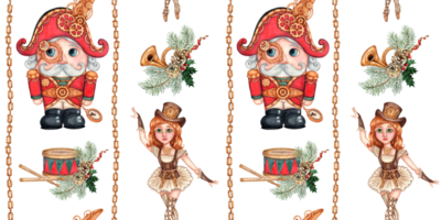Nutcracker and ballerina, bugle, drum, fir branches, cones, chains watercolor illustration. Christmas, New Year's tale. Seamless vertical pattern isolated from background. png