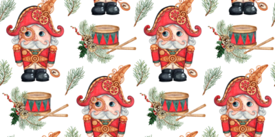 Nutcracker drum, fir branches, pine cones watercolor illustration in steampunk style, hand drawn. Christmas, New Year seamless pattern isolated from background. png