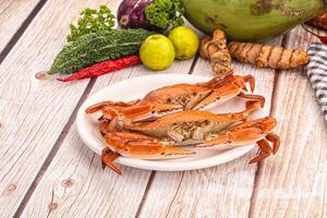 A plate of crabs on a wooden table photo