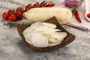 A bowl of sliced potatoes and a bowl of tomatoes photo