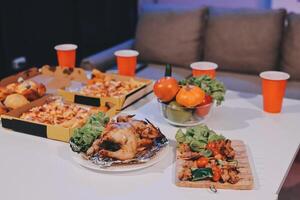 A table with food and drinks on it photo