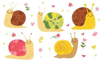 A set of flat illustrations in a simple children's style. Cute snails of different colors, hearts, flowers and daisies vector