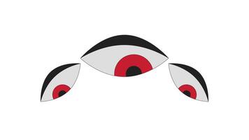 Three stylized surveillance red eyes watching 2D cartoon object animation. Big brother. Privacy concerns. Monitoring, observation. Looking gaze animated flat colorful item 4K isolated on white video