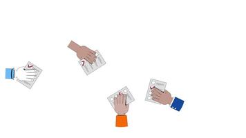 diverso manos participación papeletas con cheque marcas 2d animación. votación, democracia, Toma de decisiones en elección votantes animado dibujos animados brazos humano cuerpo partes 4k aislado en blanco transparente video