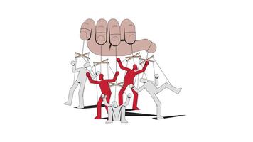 Puppeteer hand controlling opposing groups 2D animation. Puppet master manipulating red and white puppet figures strings animated cartoon arm human body part 4K isolated on white transparent video