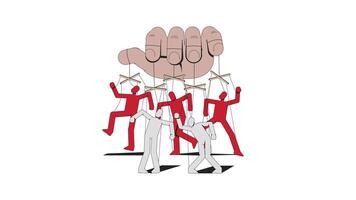 Controlling hand manipulating puppets 2D animation. Authority dominance. Puppeteer pulling marionettes strings animated cartoon arm human body part 4K isolated on white transparent video