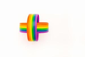 Rainbow patterned wristbands are on a white background. Top view. Close-up. photo