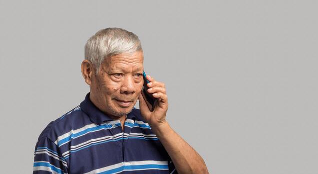A senior man using a smartphone while standing on a gray background photo