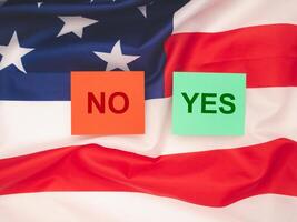 Top view of the paper green and red color with the letters Yes and No photo