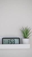 Clock displays time with potted plant on shelf in simple decor video