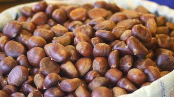 Fresh chestnuts gathered from the market in autumn season video