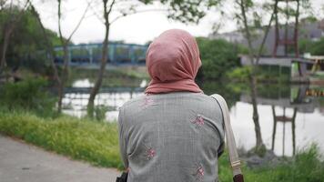 Woman enjoying nature by the tranquil lakeside in springtime video