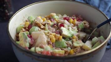 Fresh and colorful salad mix with seasonal vegetables and dressing video