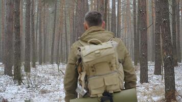 ein Reisender mit ein khaki Rucksack Spaziergänge durch ein schneebedeckt Kiefer Wald. er ist gekleidet im draussen Überleben Gang, Tragen ein aufgerollt Matte, bereit zum Abenteuer. video