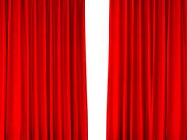 Photo of red stage curtain opened, isolated on white background.
