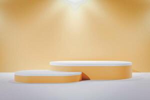 An abstract 3D podium featuring a light orange base with white tops, set against a light orange backdrop with soft spotlight. photo