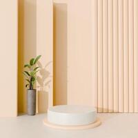 3D White circular platform on beige base, potted plant on left, beige vertical-striped wall on right, vertical architectural panels in background. Minimalist, natural scene with warm tones. photo
